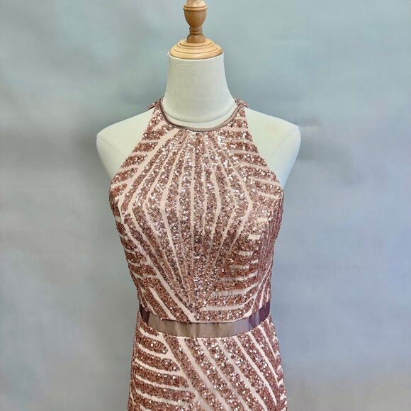 Vintage Cache Rose Gold Sequin Halter Gown Sz 6 Geometric Maxi Formal Dress Y2K - Picture 8 of 16